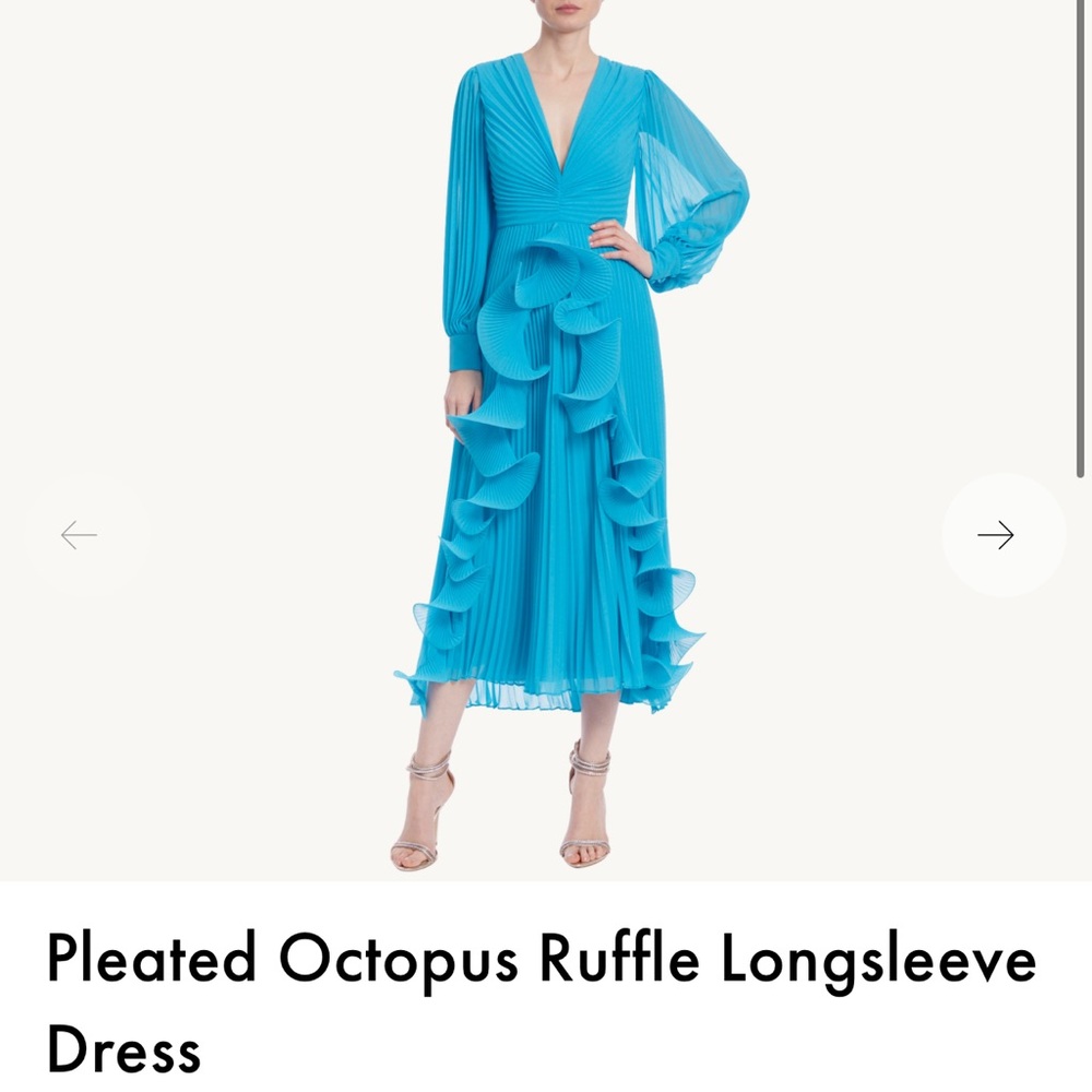 Badgley Mischka Pleated Octopus Ruffle Longsleeve Dress